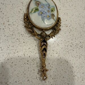 Vintage Floral Hand Mirror with Gold tone Handle ornate